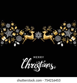 Christmas pattern. Golden  decoration. Happy New Year background. Gold Xmas reindeer and  snowflakes. Vector template  for greeting  card.
