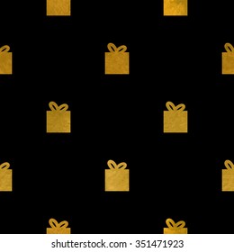Christmas pattern with golden gift boxes on black. Background for invitation card or holiday decor. Vector texture for cover, wallpaper, wrapping, textile.
