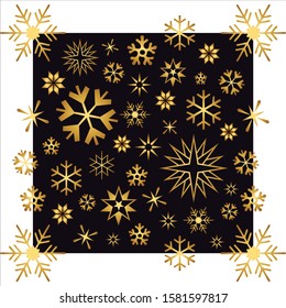 Christmas pattern of golden snowflakes of different shapes and sizes on black and white background.