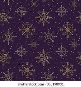 Christmas pattern with golden snowflakes. Winter pattern, ornament, New Year's design. Hand drawn vector illustration. Snow and confetti.