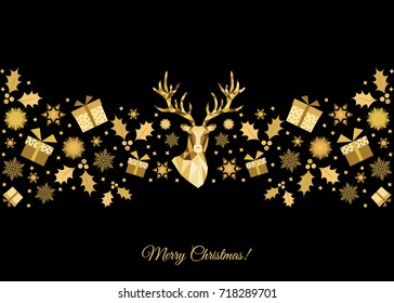 Christmas pattern. Golden  tree decoration. Happy New Year background. Gold Xmas head of  reindeer and  snowflakes. Vector template  for greeting  card.