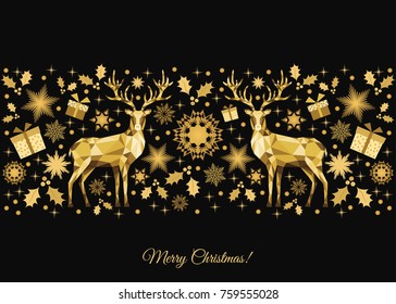 Christmas pattern. Golden  tree decoration. Happy New Year background. Gold Xmas  reindeer and  snowflakes. Vector  greeting  card.