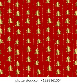 Christmas pattern with golden tree on red background. Seamless pattern with geometric Christmas trees. Winter holidays collection. Merry Christmas and Happy New year. Vector illustration.