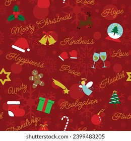 Christmas Pattern - Christmas Good Wishes Words and Christmas Icons on Red Background with Snowflakes. Seamless