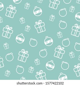 Christmas pattern, great choice for wrapping paper background. gift and christmas balls isolated on light blue background.