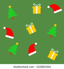 Christmas pattern with green background, consisting of hats, gifts, and pines. Perfect use for wrapping paper, presentations, and general design.