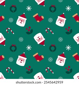 Christmas pattern with green background.Seamless New Year texture with winter geometric elements.Santa head, Christmas stocking, snowflakes, candy cane, wreath, mistletoe.Vector EPS 10.