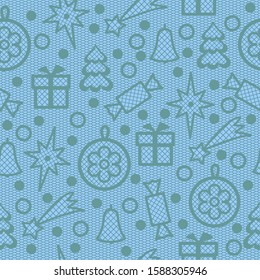 Christmas pattern. Green Christmas trees, Christmas balls, gifts, stars, bells, candy on a pale blue background.
