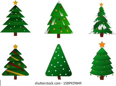 Christmas pattern with green Christmas trees with colorful balls and garlands. Set of Christmas tree. Vector illustration