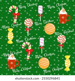 A Christmas pattern with green trees, red and green stripes, candy canes, holly berries, and stars on a white background. It's festive and cheerful, perfect for holiday decorations