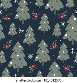 christmas pattern with green trees and snowflakes on dark background