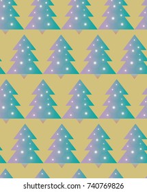 Christmas pattern with green-purple trees on the yellow background