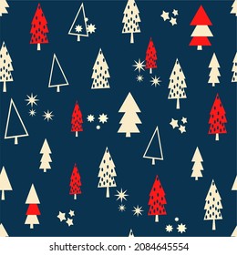   Patrón de Navidad para tarjetas de felicitación, papel de envoltura. Patrón sin foco con árboles y abetos en invierno con nieve al estilo de dibujos animados planos. Ilustración del vector