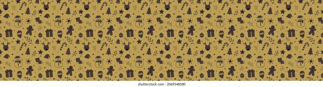 Christmas pattern with hand drawn decorations. Banner. Vector