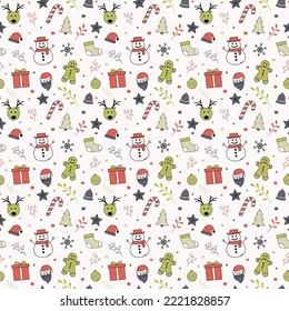 Weihnachtsmuster mit handgezeichneten Dekorationen. Vektorgrafik
