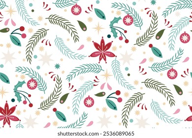  Christmas pattern with hand drawn elements as spruce brunches, berries, holly, Christmas decorations. Can be used for wrapping paper, backgrounds, textile pattern, your own design.