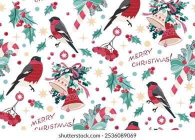  Christmas pattern with hand drawn elements as bullfinches, bells, and Christmas decorations. Can be used for wrapping paper, backgrounds, textile pattern, your own design.