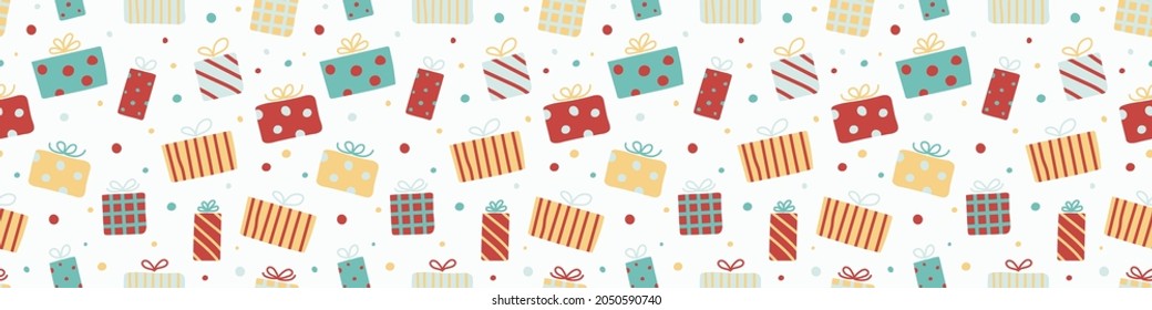 Patrón de Navidad con cajas de regalo dibujadas a mano. Cabecera panorámica. Vector