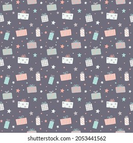 Christmas pattern with hand drawn gift boxes. Vector