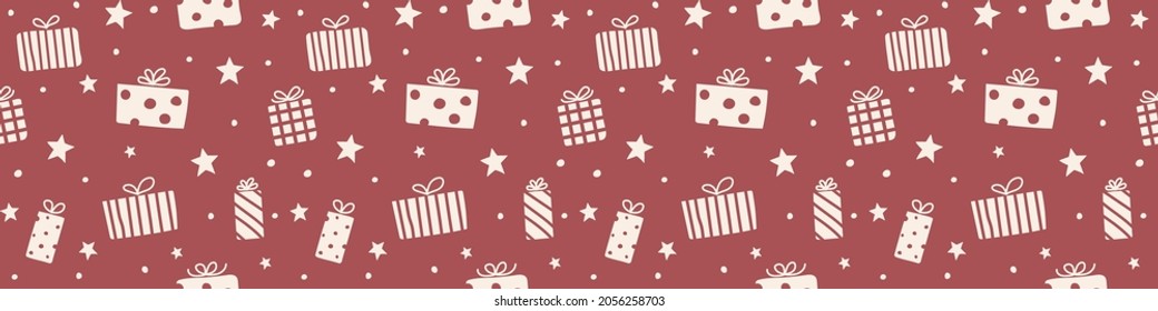 Patrón de Navidad con cajas de regalo dibujadas a mano. Cabecera panorámica. Vector