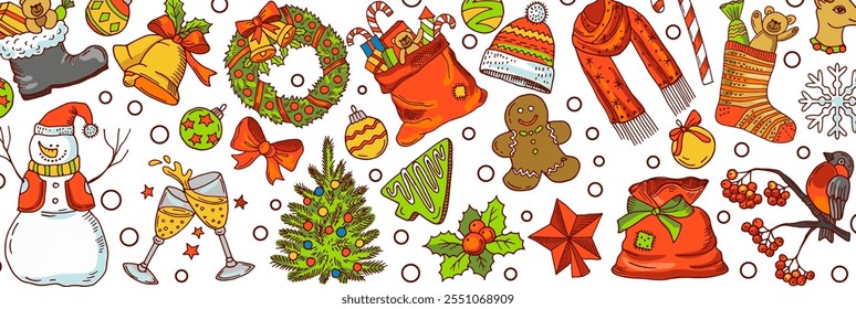 Christmas pattern. Hand drawn holiday ornament background