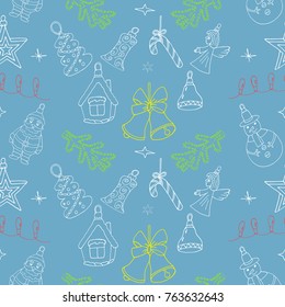 Christmas pattern with hand drawn holiday signs. Reiterate Xmas design for winter. Vintage background with doodle Santa Claus, Snowman, House, Branch, Candy Cane, Angel. Sketch vector illustration.