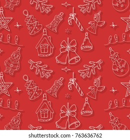 Christmas pattern with hand drawn holiday elements. Art Xmas design for winter. Fashion background with sketch Santa Claus, snowman, house, branch, candy cane, angel. Drawing vector illustration.