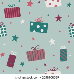 Christmas pattern with hand drawn present boxes. Xmas wrapping paper concept. Vector