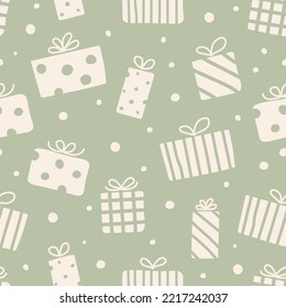 Patrón navideño con cajas de regalo dibujadas a mano. Concepto de papel de envoltura de Navidad. Vector