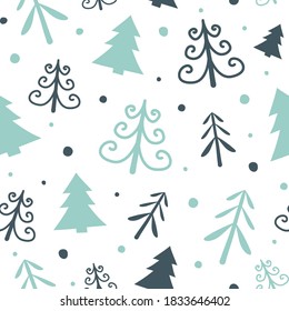 Christmas pattern with hand drawn trees. Vector