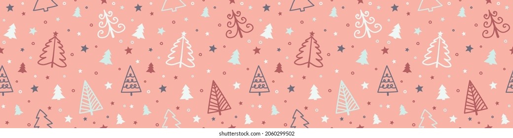 Weihnachtsmuster mit handgezeichneten Bäumen. Panorama-Kopfzeile. Vektorgrafik