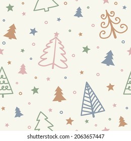 Christmas pattern with hand drawn trees. Vector