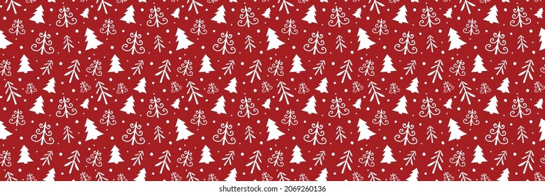Christmas pattern with hand drawn trees. Vector