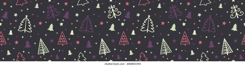Christmas pattern with hand drawn trees. Panoramic header. Vector