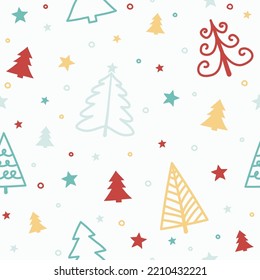 Christmas pattern with hand drawn trees. Vector
