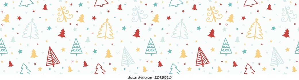 Christmas pattern with hand drawn trees. Xmas wrapping paper concept. Banner. Vector