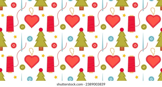 Christmas pattern of handmade felt toys. Pattern of felt Christmas tree decorations, handmade heart, needles with red  string and buttons on white background.