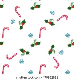 Christmas pattern handmade rod red berry green leaves snowflakes vector white background