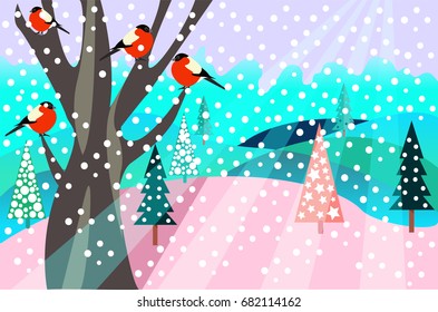  christmas pattern happy holidays winter landscape with firs, tree and birds bullfinch. Merry Christmas collection background.