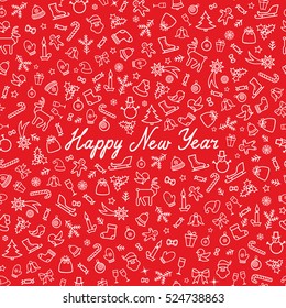 Christmas pattern. Happy New Year Handwritten Lettering. Winter Holiday tile background. Christmas icons white Ornamental design elements. Doodle outline seamless  texture