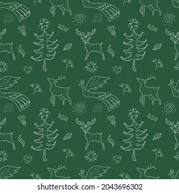 Christmas pattern. Happy Winter Holiday tile background. Christmas hand drawn ornamental design elements. Doodle outline seamless texture.