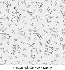 Christmas pattern. Happy Winter Holiday tile background. Christmas hand drawn ornamental design elements. Doodle outline seamless texture.