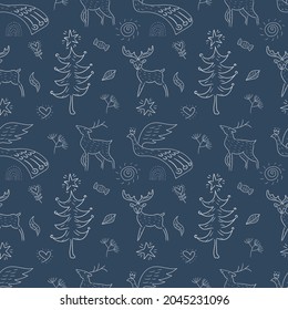 Christmas pattern. Happy Winter Holiday tile background. Christmas hand drawn ornamental design elements. Doodle outline seamless texture.
