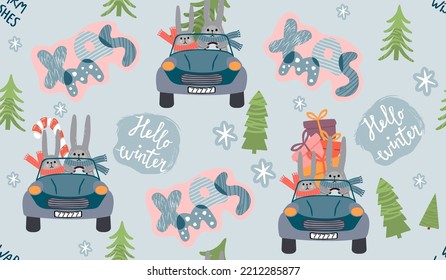 Patrón navideño con arcos, auto retro, abetos y letras.Personajes con bufandas, un bastón de caramelo, un montón de regalos y copos de nieve.Impresión colorida en tela y papel.Ilustración plana vectorial.