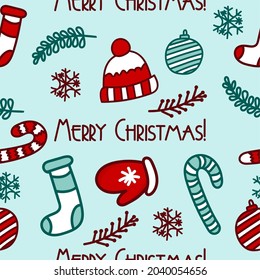 Christmas pattern with a hat, a sock and a candy cane. The concept of Christmas and New Year.