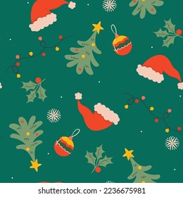 Christmas pattern with hats, balls, fir trees, garlands, snowflakes. Vector graphics Editable Free Vector Image