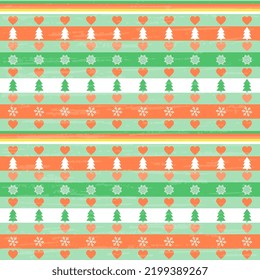Christmas pattern with hearts, fir trees, snowflakes in striped horizontal rows. Christmas holiday packaging, textured