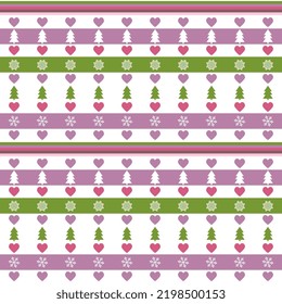 Christmas pattern with hearts, Christmas trees, snowflakes, stripes in horizontal rows. Festive beautiful new year design