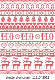 Christmas pattern HO HO HO carol vector seamless pattern inspired by Nordic culture festive winter in cross stitch with heart, snowflake, snow ,Christmas tree,  reindeer, Christmas ornaments , gift in