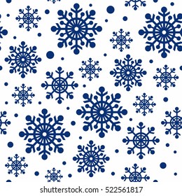 Christmas pattern. Holiday background. Seamless vector pattern with blue snowflakes of various sizes on white background. Childish background for wallpaper, papers, textiles, bed linen, tissue 1.1